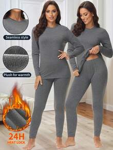 Set da donna casual, composto da top a maniche lunghe con collo rotondo in colore unito e leggings, 2 pezzi, taglie forti, adatto per autunno/inverno - Grigio - Visualizzare 2