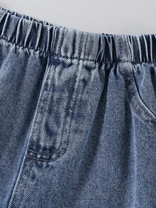 1件女童休闲Y2K风格蝴蝶印花中度水洗蓝色牛仔裤，舒适日常街头风，春夏秋季皆宜 - 中等水洗藍 - 查看 3