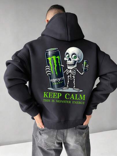 A Hooded Sweatshirt With Cartoon Skull Tightly Gripping Energy Drink Cans And Printed Patterns, Suitable For Both Men And Women, Soft And Comfortable, Combining Energy Drink Culture With Quirky Subcultures, Suitable For Daily Casual Wear
