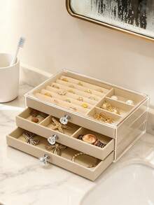 1pc Acrylic Jewelry Box, Large Capacity Jewelry Storage Box, Drawer Style Jewelry Display Case With Adjustable Velvet Tray, Suitable For Earrings, Rings, Bracelets, Necklaces, Ideal For Birthday, Anniversary, Valentine's Day Gift - Beige - View 6