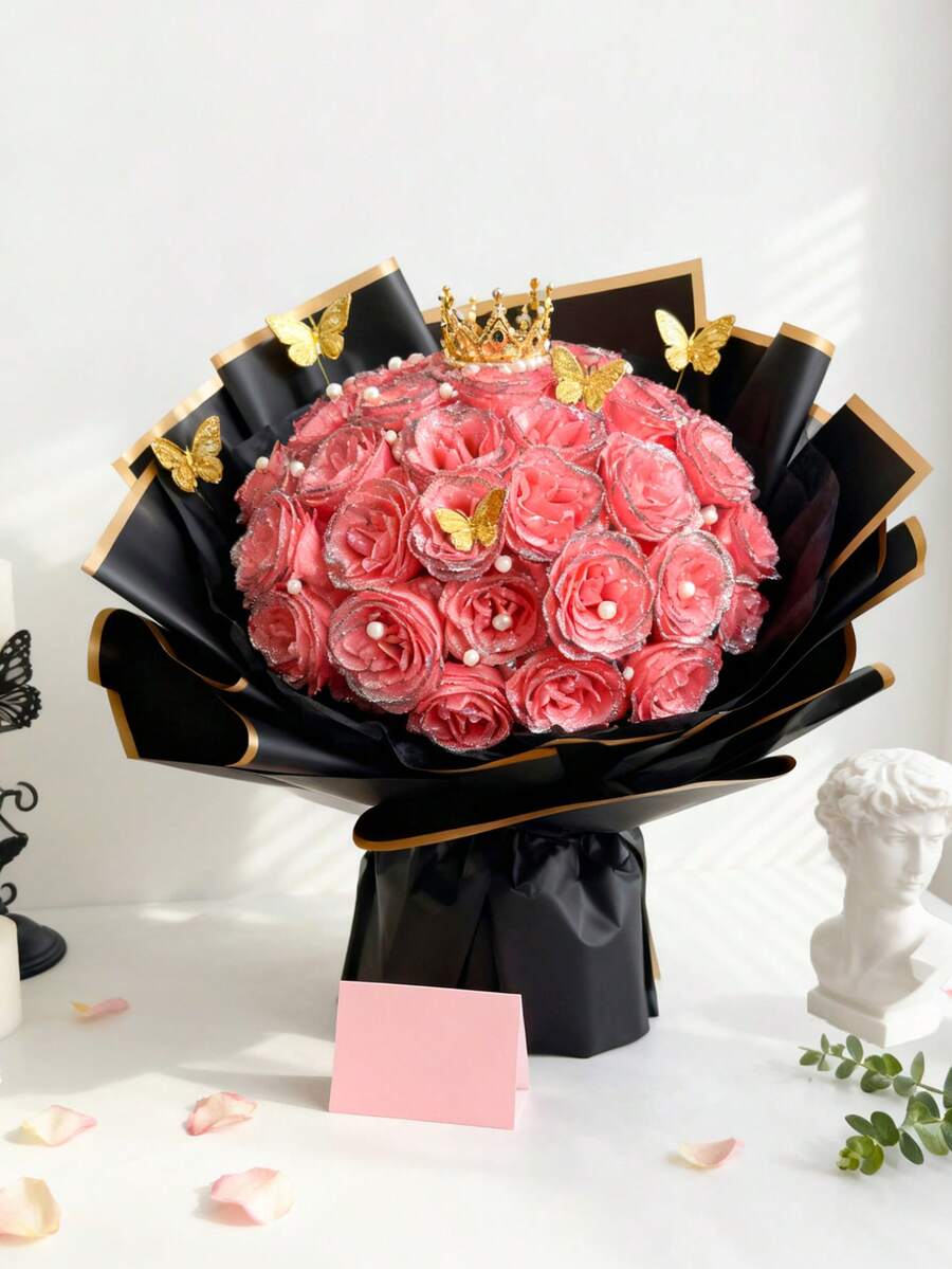 MEHELANY 12/6/1件套人造闪光玫瑰花束，粉色银边人造玫瑰，永不凋谢的闪光人造DIY玫瑰花束，适合周年纪念、订婚、结婚礼物、情人节、母亲节、生日礼物装饰，家居、房间、办公室、厨房装饰，派对装饰，DIY花环花瓶填充假花，情人节装饰，母亲节装饰，送给女朋友、母亲、女士的生日礼物（含礼品包装）