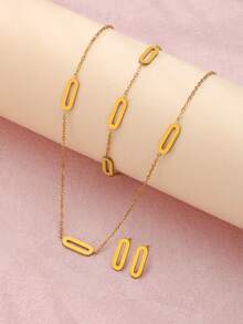 Chic Stainless Steel Necklace Bracelet Earring Set Waterproof Geometric Paper Clip Pendant Women's Minimalist Jewelry - Gold - View 6