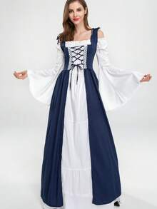 Renaissance Medieval Costume Dress Women's Spaghetti Strap Cold Shoulder Bell Sleeve Gown For Cosplay Events And Themed Parties Slight Stretch Fabric