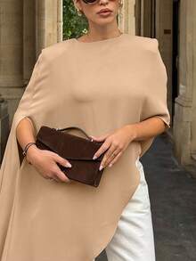 Women's Casual Asymmetrical Hem Batwing Sleeve Loose Blouse, Minimalist Design, Versatile Street Style, Spring/Summer - Khaki - View 7