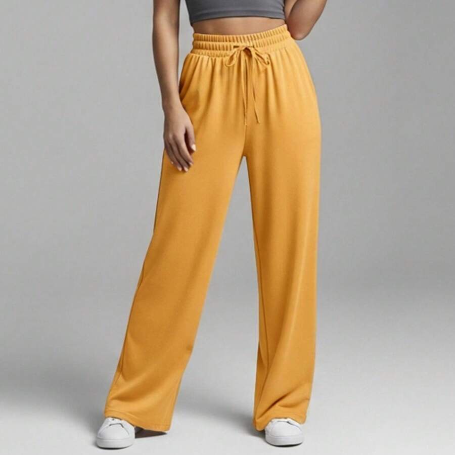 Comfortable Women's Wide-Leg Sweatpants, Soft, Structured Fit, Casual, Basic, Plain, With A Faux Drawstring. - Mustard Yellow - View 1