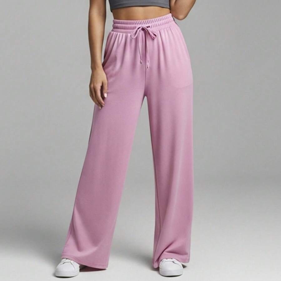 Comfortable Women's Wide-Leg Sweatpants, Soft, Structured Fit, Casual, Basic, Plain, With A Faux Drawstring. - Màu Hồng baby - Xem 1