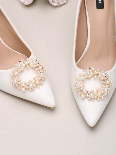 1 Pair (2pcs) Removable DIY Shoe Accessories, Rhinestone Pearl Metal Square & Round Buckle Decor, Fashionable & Elegant Shoe Clips For High Heels, Pumps, Bridal Shoes, Date Shoes, Wedding Shoes
