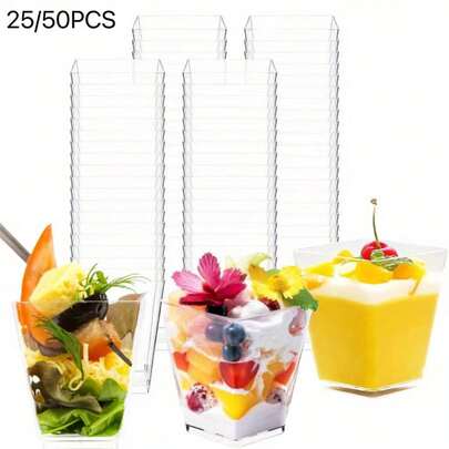 25/50pcs Transparent Square Dessert Containers, Polystyrene Dessert Cups, Suitable For Mousse, Pudding, Oatmeal, Fruit And Other Foods, Transparent Dessert Bowls, Mini Dessert Cups, Stackable Party Cups, Mousse Parfait Appetizer Bowls, Suitable For Family Gatherings, Beach Theme Parties, Summer Water Sports Events, Beach Birthday Parties
