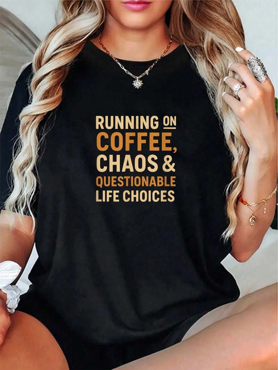 100% Cotton Unisex Running On Coffee, Chaos & Questionable Life Choices T-Shirt Inspire Positivity Tee – Soft Touch, Graphic Tee - Black - View 1