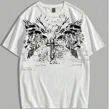 Men's Basic Gothic Punk Style T-Shirt, Printed Streetwear Blouse - 白色 - 查看 6