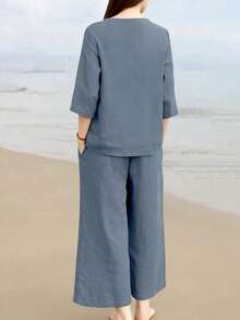 Women's Solid Color V-Neck Top And Pocket Pants Casual 2 Pieces Set - Blue - View 2