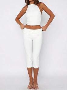 Women Capri Pants, Elastic Waist 3/4 Length Pants Solid Cropped Pants For Casual Daily - White - View 2