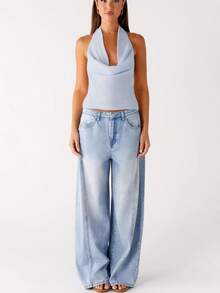 Tank Top For Women Summer Halter Tops Deep V-Neck Pleated Sleeveless Cami Shirts Party Night Streetwear - 藍色 - 查看 5