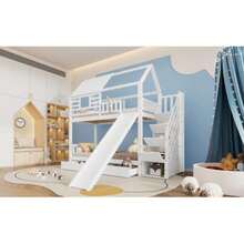 Bunk Bed With Stairs And Slide, Cabin Bed, Stairs With Storage, Pine And MDF Frame, Children's Bed With Window And Roof, Guardrail And Drawer, White, 90 X 200 Cm X 2 - White - View 4