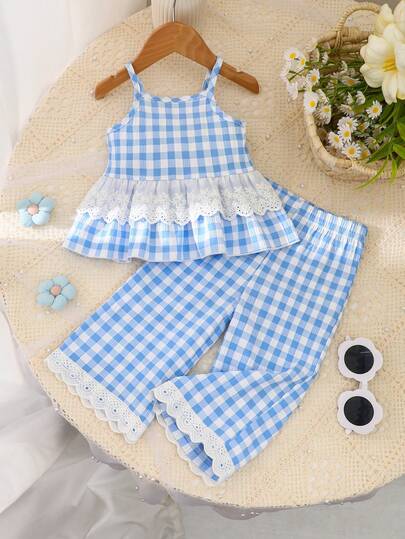 2pcs Toddler Girls' Plaid Ruffle Strap Top + Wide Leg Pants Set, Sweet & Cute Casual Outfit, Suitable For Spring/Summer Outings