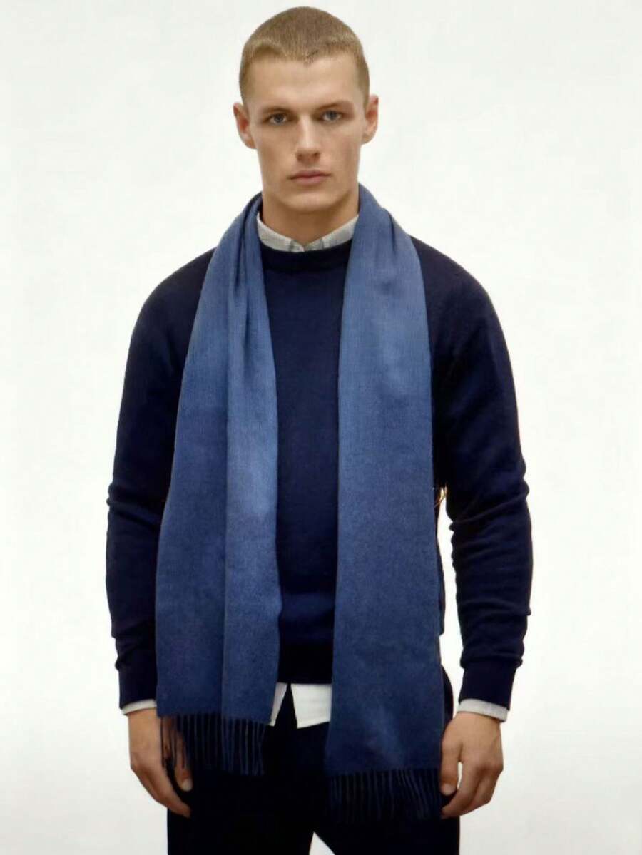 1pc Fashionable Solid Color Warm Wool Scarf, Unisex Casual Cold-Proof Tasseled Shawl For Couples, Everyday Wear, Autumn/Winter - Navy Blue - View 1