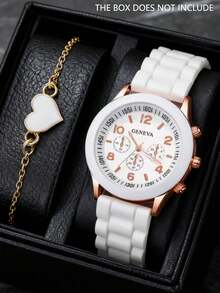 4pcs Simple Casual Women's Quartz Watches, Women's Gold Accessory Set (Including Black/White Dial Multifunction Watch And Heart-Shaped Chain Bracelet). Featuring Rose Gold Details Paired With Black And White Dials And Straps, And Heart-Shaped Elements Throughout The Set, Highlighting A Gentle And Elegant Style.