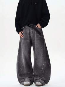 1条男士复古做旧猫须泼墨水洗牛仔裤，休闲宽松阔腿高街裤 - 黑色 - 查看 3