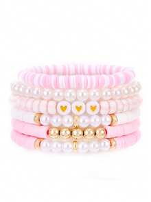 6件套波西米亚风心形手链，时尚简约珍珠聚合物粘土多层弹力手链，适合日常佩戴，情人节礼物 - 彩色 - 查看 2