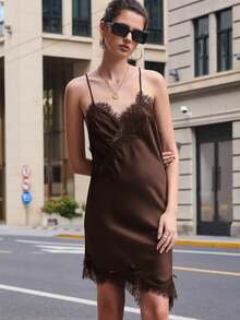 2025 Women's Fashionable New Versatile Sexy Spaghetti Strap Backless V-Neck Slit Satin & Lace Asymmetric Hem Dress, Autumn/Winter - Coffee Brown - View 8