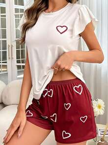 Women's Summer Heart Print Round Neck Short Sleeve Top And Shorts Casual Pajama Set, Minimalist Classic Fashion - Red and White - View 5