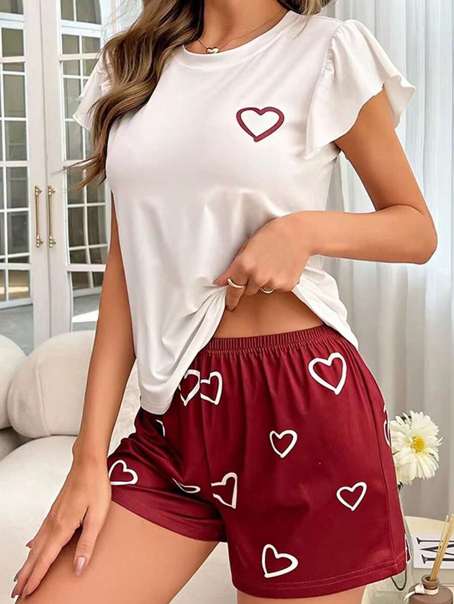 Bộ đồ ngủ mùa hè nhẹ nhàng dành cho nữ, gồm áo tay ngắn cổ tròn họa tiết trái tim và quần short, kiểu dáng ngọt ngào, thoải mái, thời trang tối giản cổ điển, phù hợp cho mặc ngoài trời. - Đỏ và trắng - Xem 1