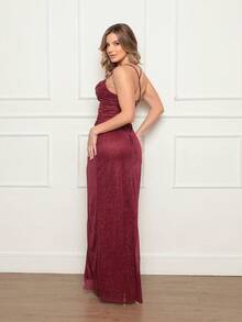 Long Party Dress With Corset, High Slit, And Draped Neckline. - Redwood - View 2