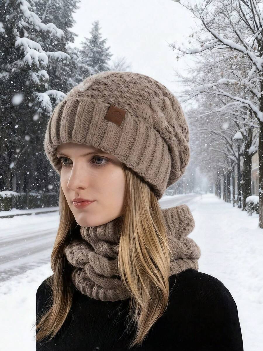 Winter Knitted Hat & Scarf Set, Unisex Warm Knitted Hat With Ear Muffs, Knitted Blend Beanie And Scarf Set For Cold Weather - Khaki - View 1