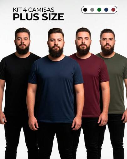 Kit 4 Camisetas Masculina Plus Size 100% Algodão Básica Manga Curta Confortável Toque Macio Respirável Casual