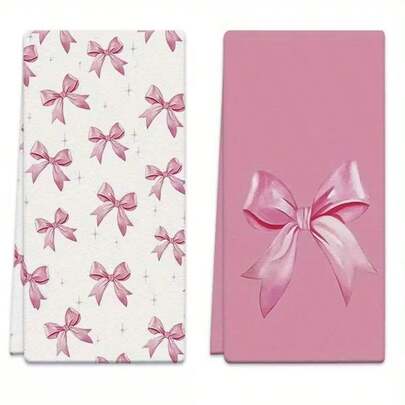 2/4pcs Butterfly Print Kitchen Towels, Absorbent Cartoon Heart & Bow Design, Reusable Washable Hand Towels For Home, Kitchen, Bathroom, Car, Window Cleaning - Soft Knitted Dish Cloths, Valentine's Day Decor