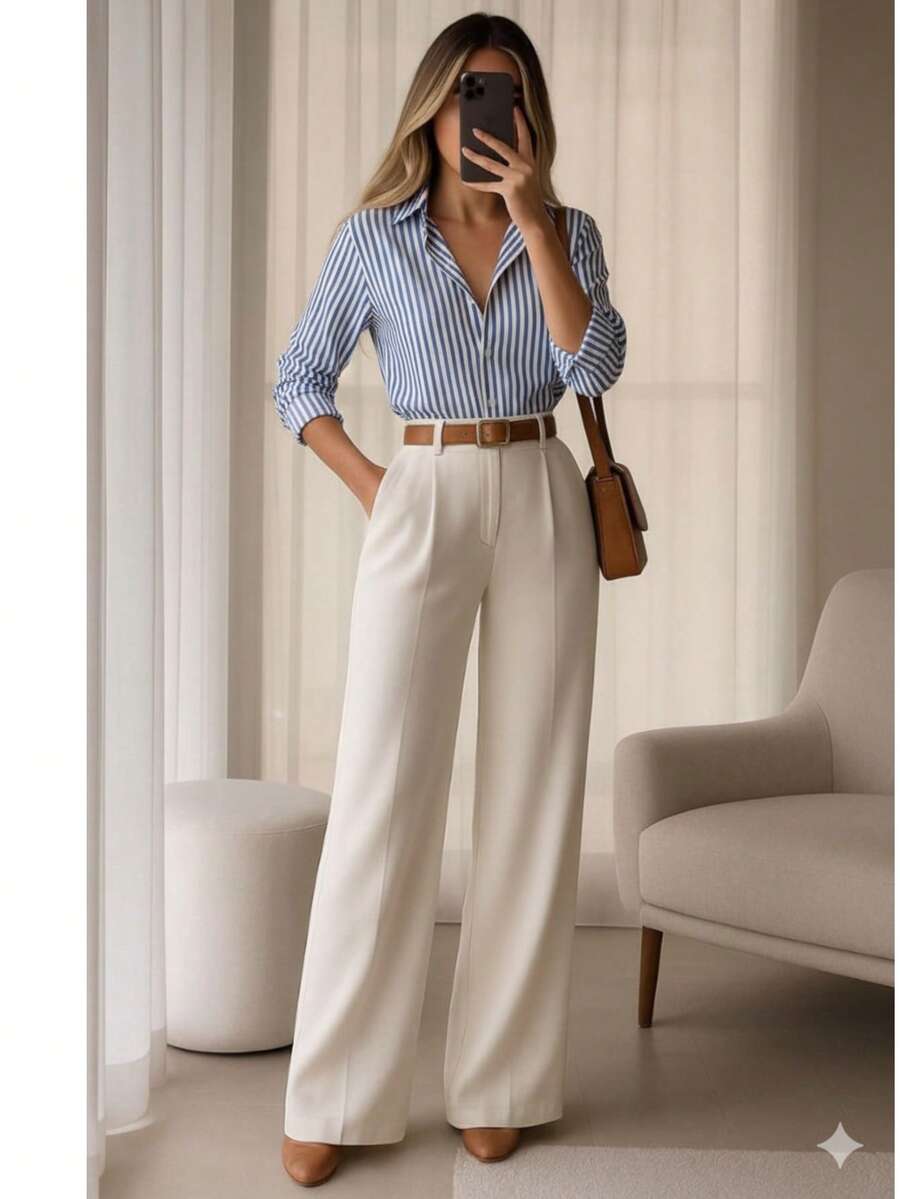 Executive Elegance Set, Wide Leg Pants, Striped Dress Shirt, Authority Look For Women - 白褲子藍條紋襯衫 - 查看 1