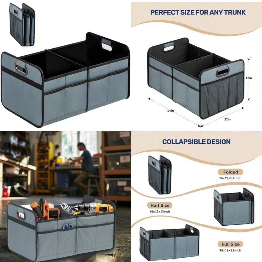 YSSOA Organizador de maletero de coche con múltiples compartimentos, 600D, antideslizante, impermeable, de poliéster Oxford, con correa ajustable, 15 pulgadas de profundidad x 32 pulgadas de ancho x(2 Compart Antideslizante y a prueba de fugas, gris-verde) - Multicolor - Ver 1