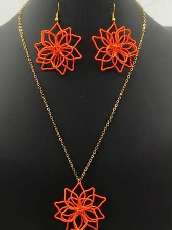 Bohemian Style Jewelry Set, Vibrant Double-Layer Hollow Flower Necklace And Earrings, Versatile & Vintage Metal Floral Design
