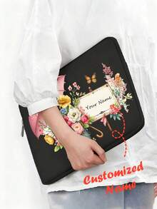 1pc Customizable Name & Floral Pattern 13-Inch DIY Printed Laptop Sleeve, Minimalist Briefcase, Laptop Protective Case, Commuter Bag, Document Organizer - Black - View 2