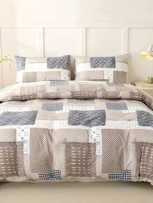 2/3pcs Bohemian Style Patchwork Duvet Cover Set, Khaki Brown Floral Plaid Design, Soft & Skin-Friendly Polyester Fabric, Zipper Closure, Suitable For All Seasons, Good Breathability, Applicable For Bedroom And Guest Room, Ideal For Holiday Gifts. - Camel - View 6