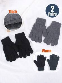 2 Pairs Unisex Solid Color Simple Knitted Full Finger Gloves, Warm For Autumn/Winter, Daily Life, Outdoor And Leisure Halloween Accessories Winter Gloves