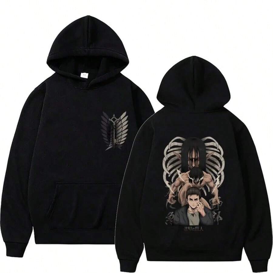 Anime Attack On TitanES Men Women Hoodies Yeager Eren Graphic Printed Hooded Plus Size Sweatshirt Harajuku Streetwear Pullover - 黑色 - 查看 1
