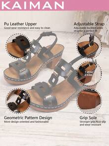 1 đôi sandal cao gót thời trang mới dành cho nữ, họa tiết hình học, khoét rỗng, đính đinh tán, chất liệu da PU, kiểu dáng thời trang và phá cách, phù hợp cho bãi biển, tiệc tùng, mùa xuân/hè. - màu đen - Xem 8