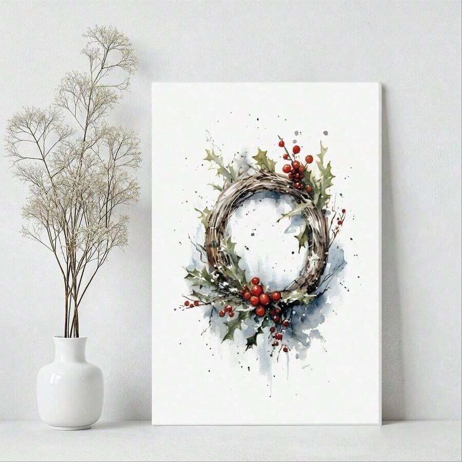 1pc Framed Canvas Wall Art Prints Poster, Christmas Wreath, Holly And Berries, Watercolor Art Style Art Posters Canvas Print Painting For Living Room Bedroom Office Bathroom Dorm Home Decor, Ready To Hang, 2D Flat - Multicolor - View 1
