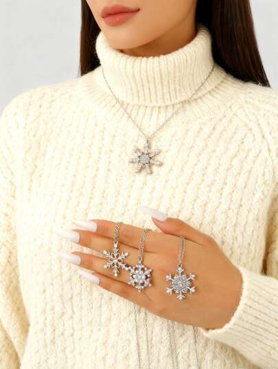 1pc Elegant Fashion Faux Pearl & Rhinestone Snowflake Pendant Necklace, Women's Necklace, Suitable For Winter, New Year, Daily, Party, Festival, Valentine's Day Wear, Sweater Chain Gift For Friends, Family, Couples, Fashionable Jewelry