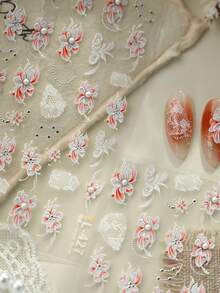 1片法式珍珠绽放花朵蕾丝玫瑰银箔压纹按压式美甲贴纸 5D美甲艺术植物优雅浪漫自粘美甲贴，适合女士精致DIY美甲贴花 - 彩色 - 查看 3