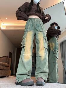 Straight Loose Wide Leg Jeans, High Street Design Cargo Pants For Women - Retro Blue - View 3