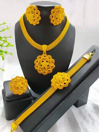 Juego de joyería chapada en oro de 4 piezas: collar, pulsera, anillo, aretes, adecuado para novias sauditas, europeas, de Oriente Medio, de Dubái, africanas, bodas, fiestas, Halloween, Navidad, graduación, cumpleaños, regalos para mamá, novia, hermanas, uso diario