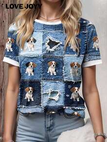 LOVE JOYY 女士复古牛仔拼接可爱小狗图案圆领短袖T恤，适合日常休闲穿着 - 藍色 - 查看 1