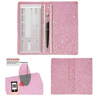Glitter Bling Checkbook Cover Women, Shiny Rhombus Pattern RFID Blocking PU Leather Standard Register Check Book Case Personal Checks With Pen Holder Divider, Pink