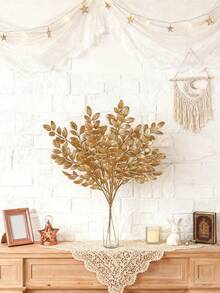 1/3/6pcs Gold Artificial Leaf Sticks Fake Plants Golden Plastic Leaf Fake Rose Leaves Faux Plant Bushes Artificial Plants For Indoor Outdoor Home Hotel Party Wedding Decoration Table Centerpieces DIY Crafts - Gold - View 3