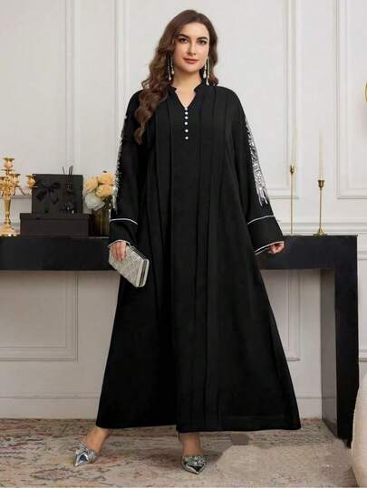 Plus Size Middle Eastern V-Neck Solid Color Fashion European & American Chic Vintage Loose Plus Size Maxi Long Sleeve Dress, Suitable For All Seasons