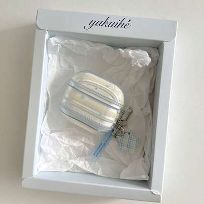 半透明极简蓝绿色条纹星形装饰耳机保护套，兼容苹果Pro 3/Pro 2/Pro/4/3/2，时尚女士耳机保护套，极简耳机保护套