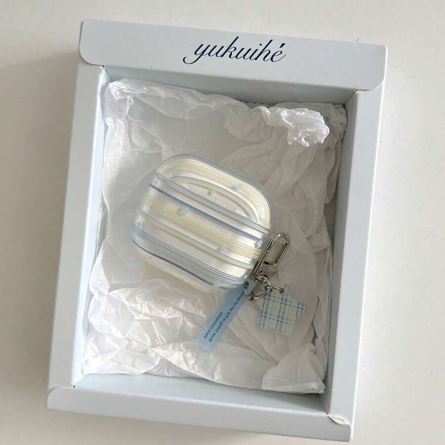 Semi-Transparent Pastel Blue & Green Striped Star Decor Earphone Case Compatible With Apple Pro 3/2/1, 4/3/2, Fashionable & Minimalist Earphone Case - Baby Blue - View 1