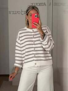 Áo khoác cardigan sọc cổ điển dành cho nữ, trang phục thường ngày, phù hợp cho các buổi hẹn hò, mua sắm, mùa xuân/thu/đông - Màu Khaki - Xem 3